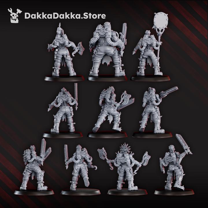 Ten‑model set of grimdark Mad Hyenas Squad miniatures, including a large armored leader figure and multiple warriors with melee weapons, shown on round bases