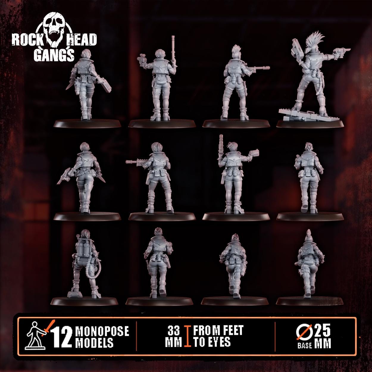 Set of twelve resin 3D‑printed Chembirds Gang miniatures from Rock Head Gangs, arranged in rows, each on round bases, showing detailed armor, gear, and weapons - backside view