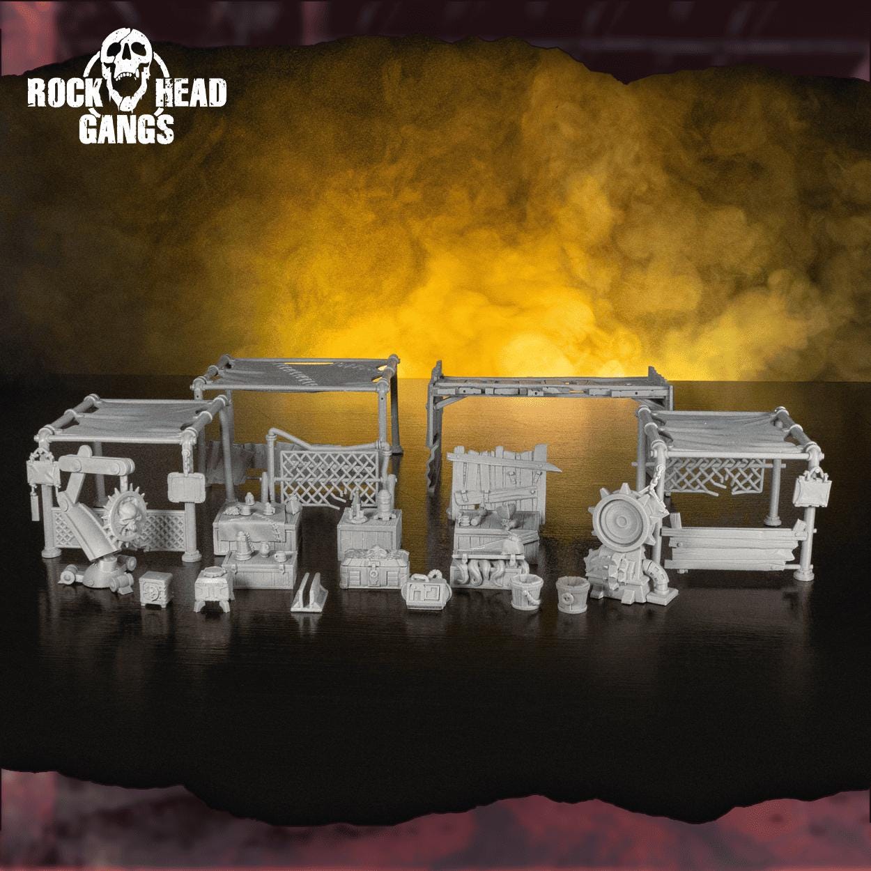 Unpainted Rock Head Gangs Black Market Terrain set printed in high-resolution resin