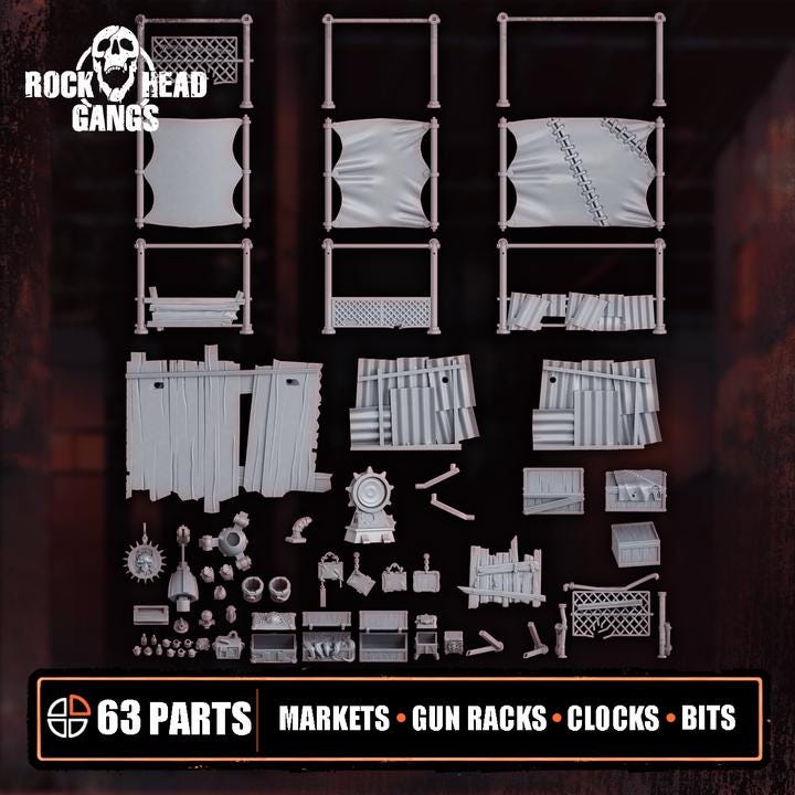 Unpainted Rock Head Gangs Black Market Terrain set printed in high-resolution resin