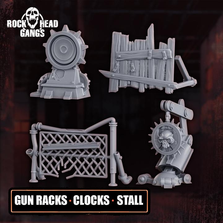 Unpainted Rock Head Gangs Black Market Terrain set printed in high-resolution resin