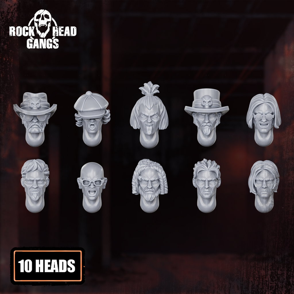 Close-up of Rock ’n Rolla Gang resin miniature showing punk character details on their heads.
