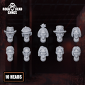 Rock N Rolla Heads resin conversion bits by Rockheadgangs, showing 10 sci-fi punk miniature heads with hats, hair, glasses, and expressive faces.