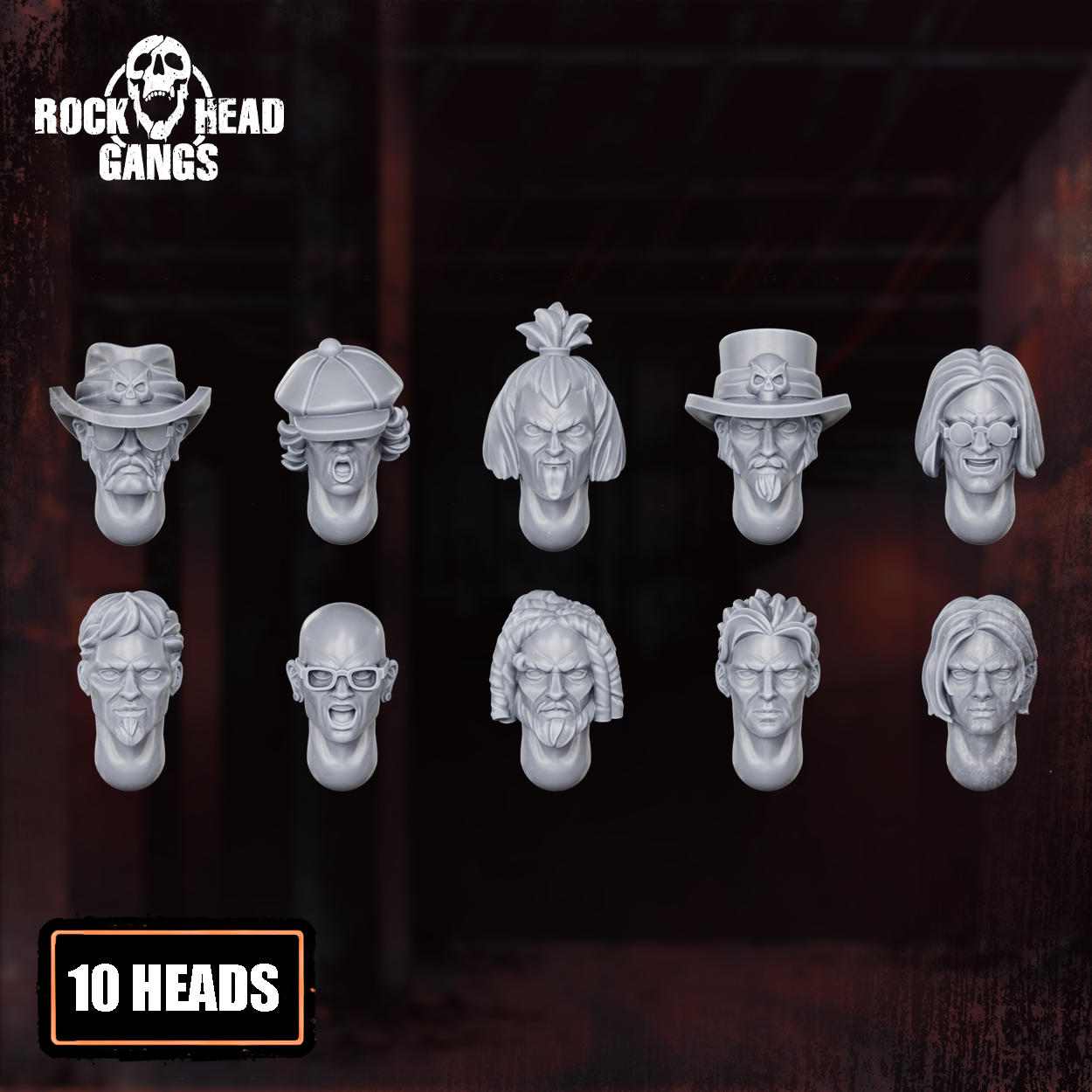 Rock N Rolla Heads resin conversion bits by Rockheadgangs, showing 10 sci-fi punk miniature heads with hats, hair, glasses, and expressive faces.