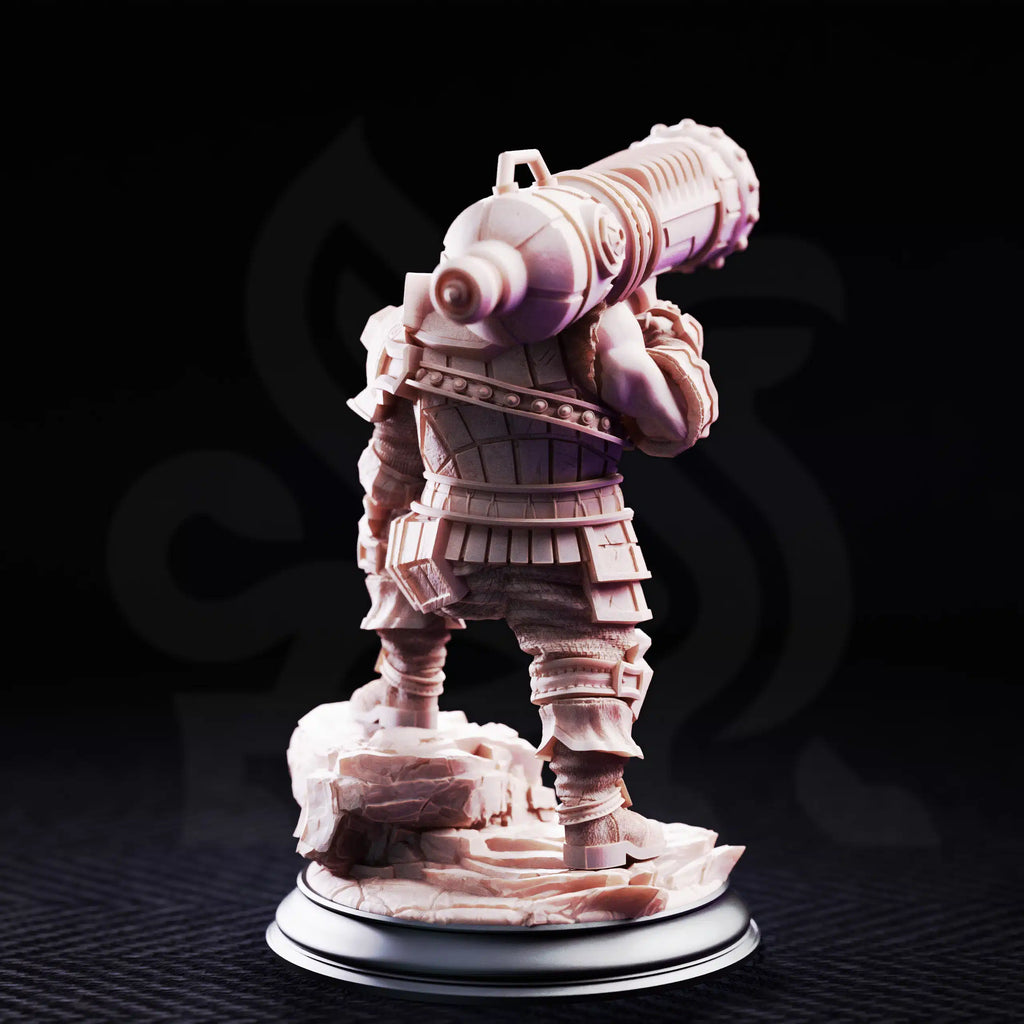 Rear view of Rook the Dwarven Cannoneer miniature, showing the large cannon, armor, and scenic stone base details.