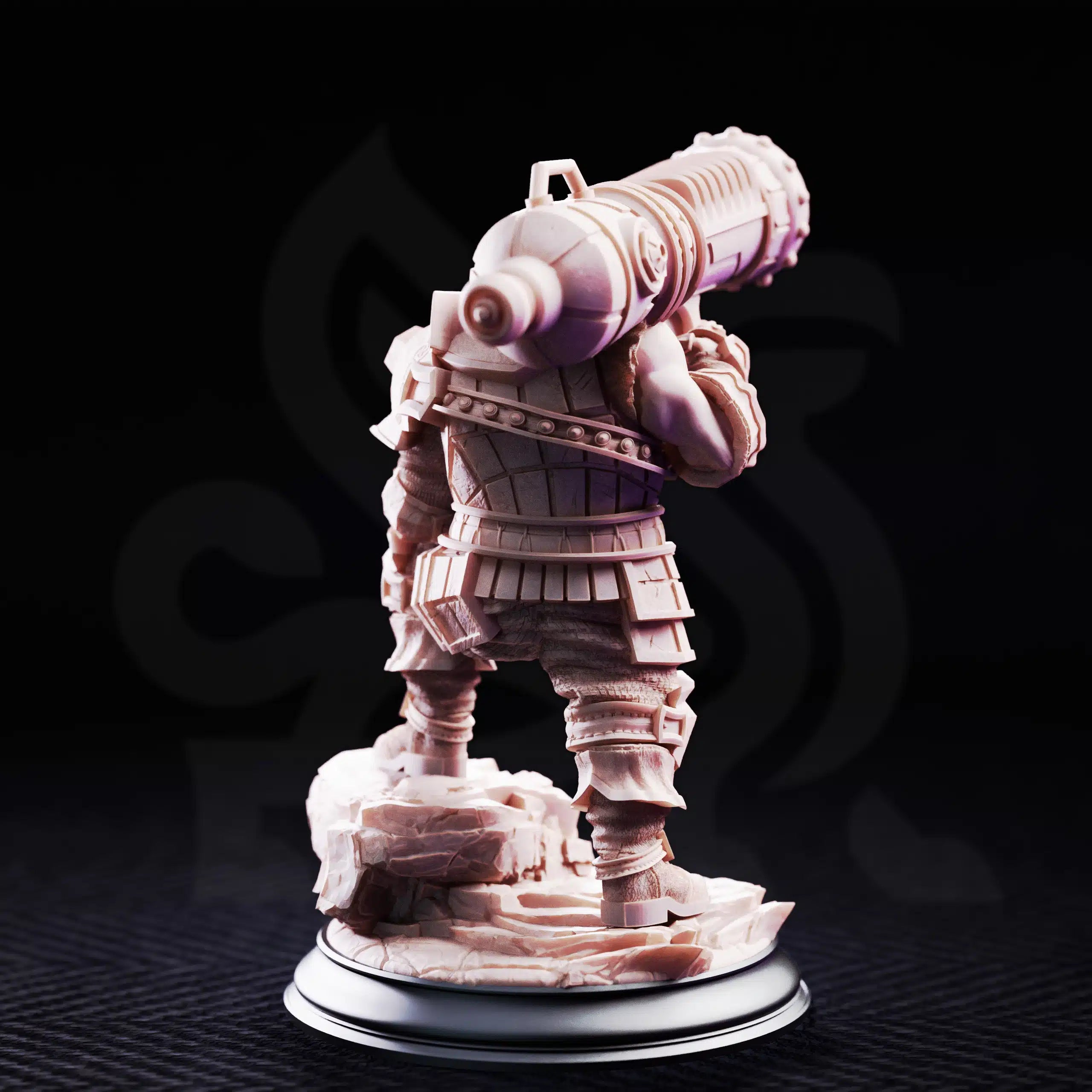 Rear view of Rook the Dwarven Cannoneer miniature, showing the large cannon, armor, and scenic stone base details.