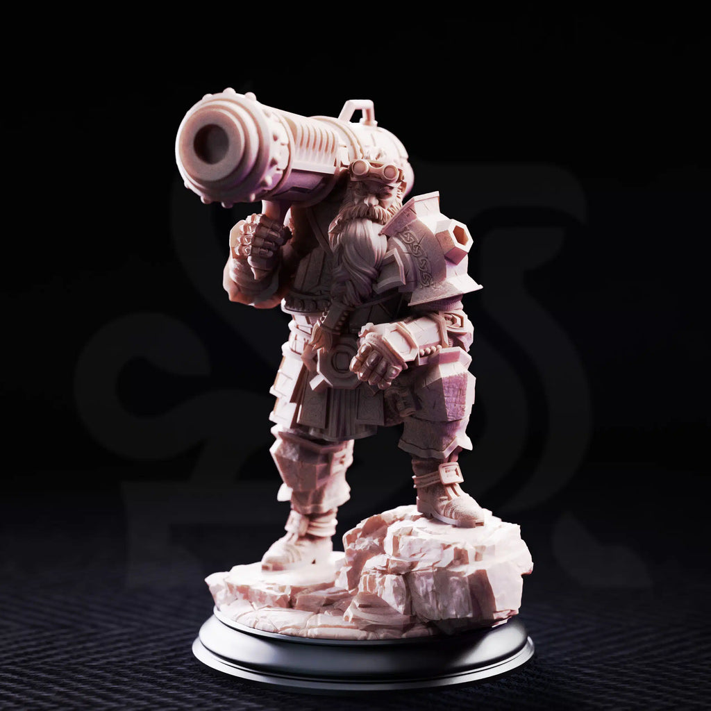 Front view of Rook by DM Stash, featuring a dwarven artillery specialist with goggles, braided beard, heavy armor, and shoulder cannon.