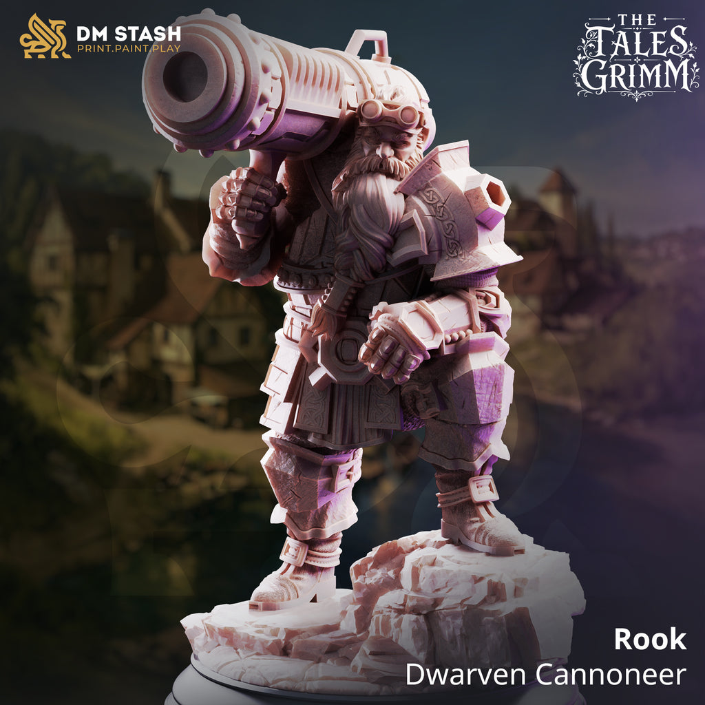 Rook Dwarven Cannoneer miniature by DM Stash, showing an armored dwarf with a shoulder-mounted cannon standing on a rocky base.