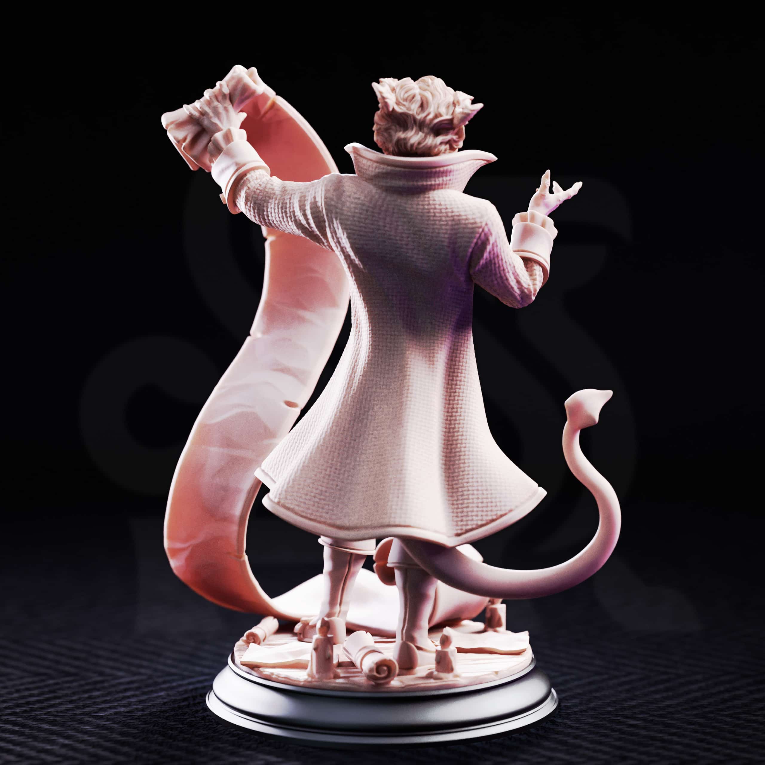 Rear view of Rumpelstiltskin by DM Stash, showing the textured coat, curled tail, oversized scroll, candles, and scenic base details.