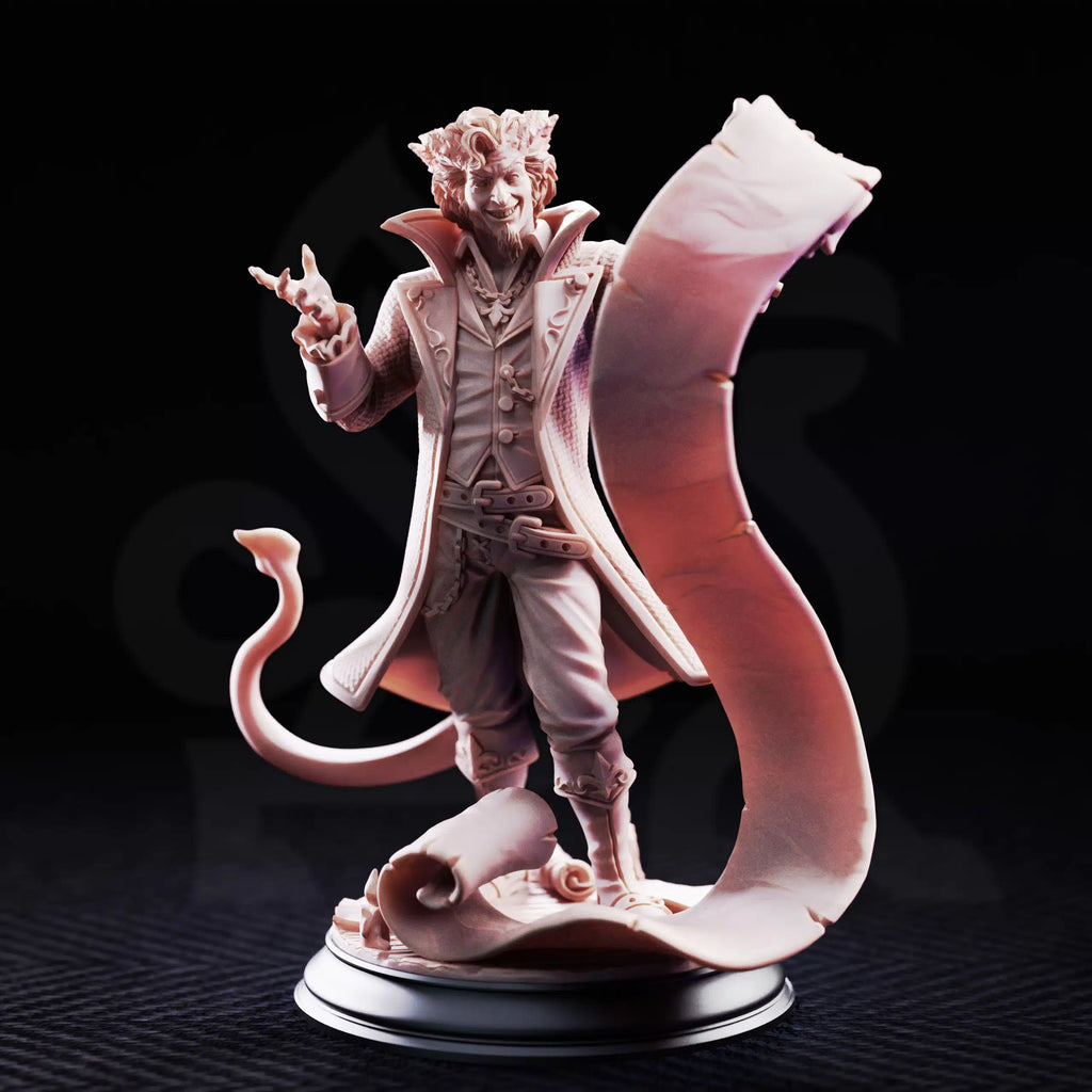Front view of Rumpelstiltskin The Devil’s Dealer, a dark fairy-tale resin miniature with a mischievous grin, raised hand, scroll, and contract-covered base.