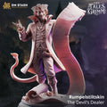 Rumpelstiltskin The Devil’s Dealer miniature by DM Stash, showing a sly fantasy villain with a curled tail, large scroll, dramatic coat, and scattered contracts.