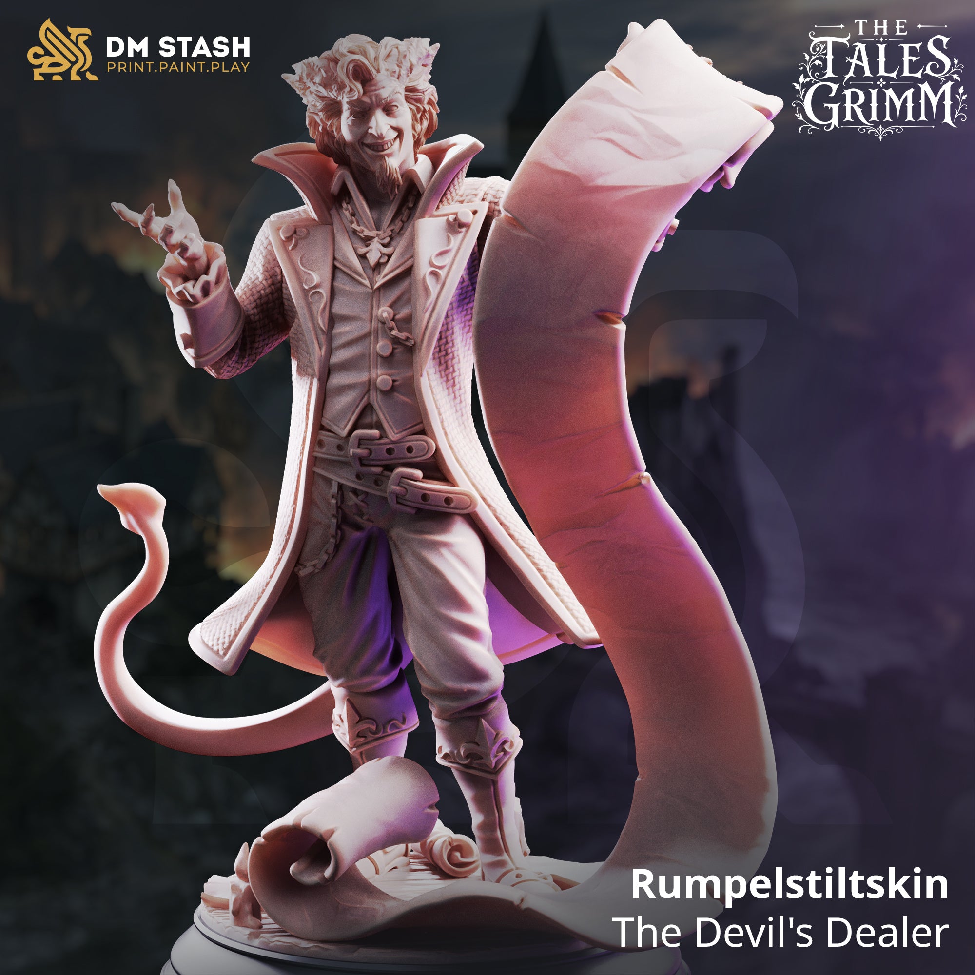 Rumpelstiltskin The Devil’s Dealer miniature by DM Stash, showing a sly fantasy villain with a curled tail, large scroll, dramatic coat, and scattered contracts.