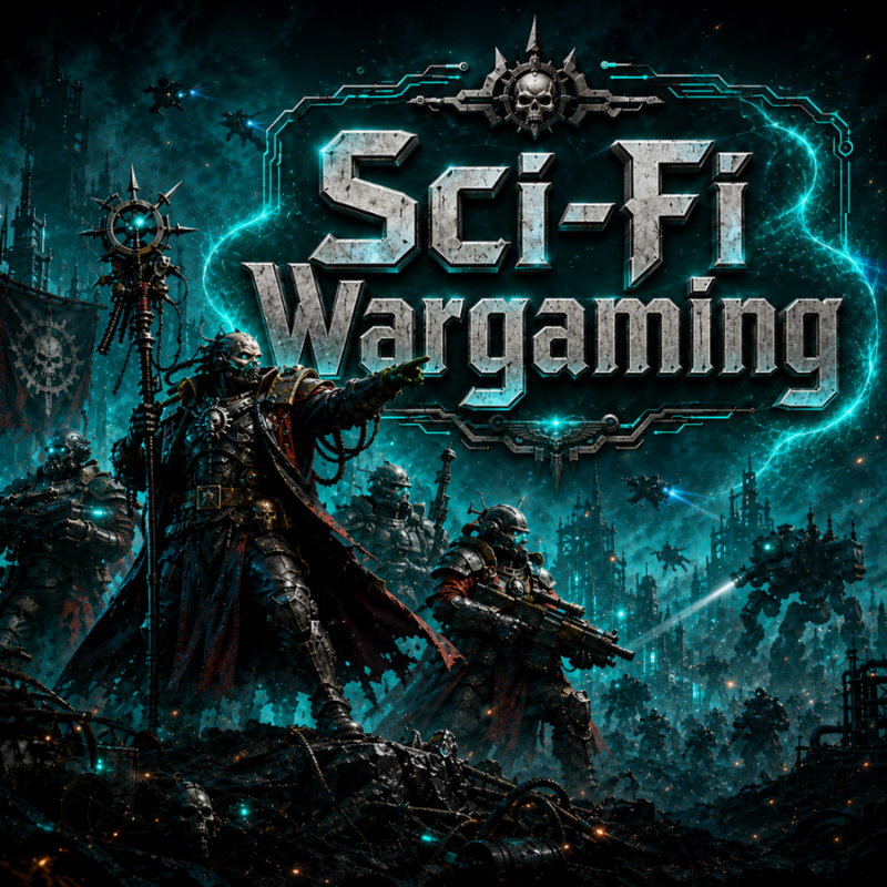 Sci-Fi wargaming theme with futuristic warriors and text overlay on a dark, sci-fi landscape.