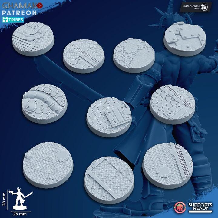Round 3D‑printed scenic terrain bases with sci‑fi patterns including panels, treads, pipes, and hex textures