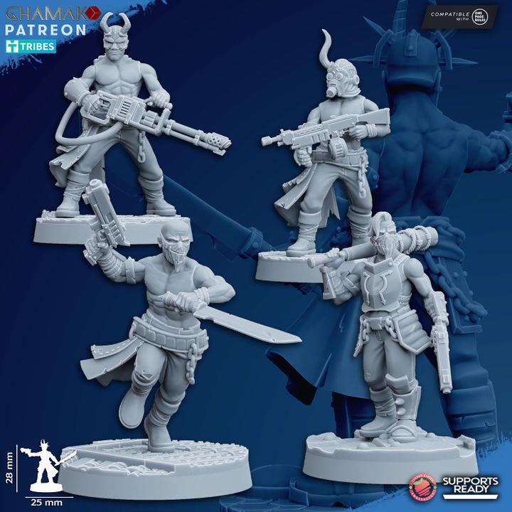 Round 3D‑printed scenic terrain bases with sci‑fi patterns including panels, treads, pipes, and hex textures