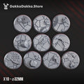 Set of 10 scrap battlefield resin bases by DakkaDakka, showing cracked ground, chains, rocks, metal plates, and sci-fi debris for tabletop miniatures.