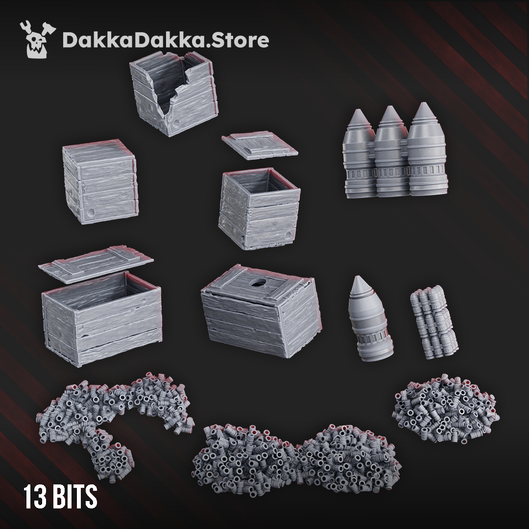 Bits Pack for Terrain and Dioramas by DakkaDakka, showing 13 resin scatter terrain pieces including wooden crates, crate lids, large shells, shell bundles, and spent ammo piles for tabletop scenes.