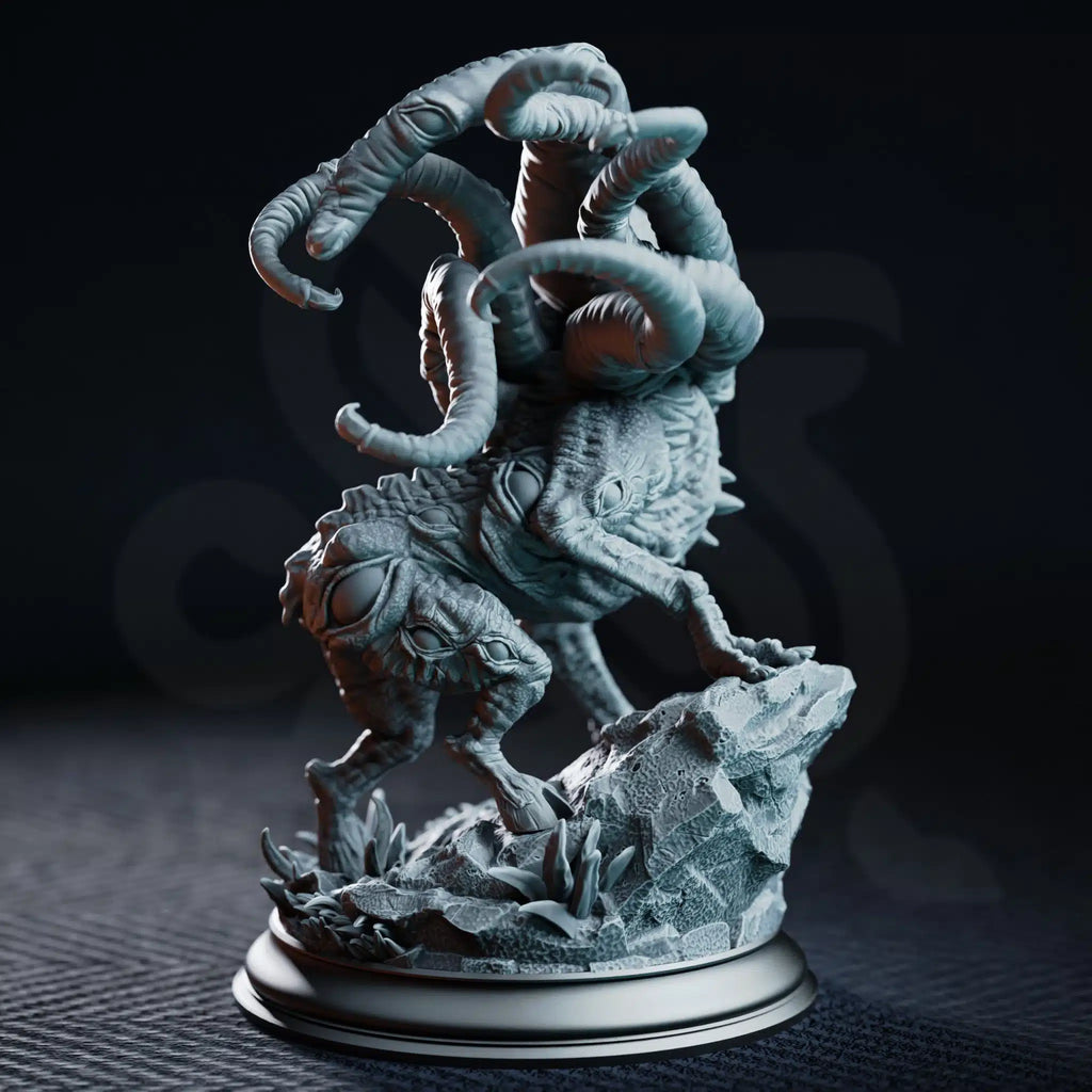 Rear view of Shogdog by DM Stash, showing its hunched mutated body, long segmented tentacles, clawed feet, and rocky terrain.