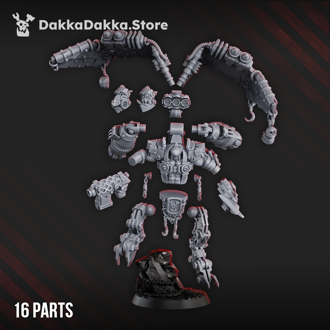 Sixteen-part Shuzug The Big Boid miniature by DakkaDakka showing mechanical wings, twin engines, alternate orc heads, weapons, articulated limbs, and scenic base.
