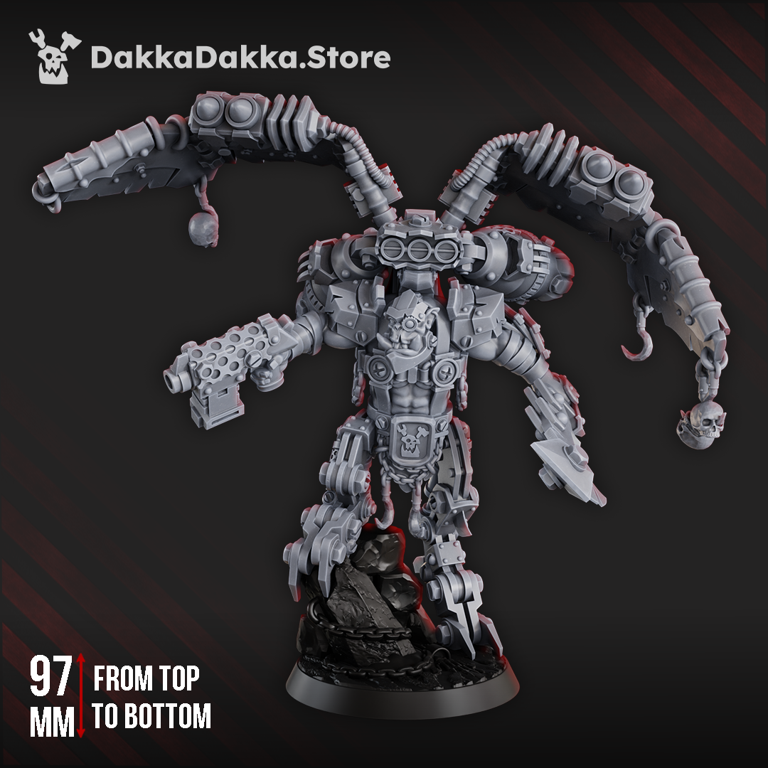 Front view of Shuzug The Big Boid, a winged sci-fi orc war machine with mechanical limbs, twin engines, pistol, blade, chains, and skull trophies.
