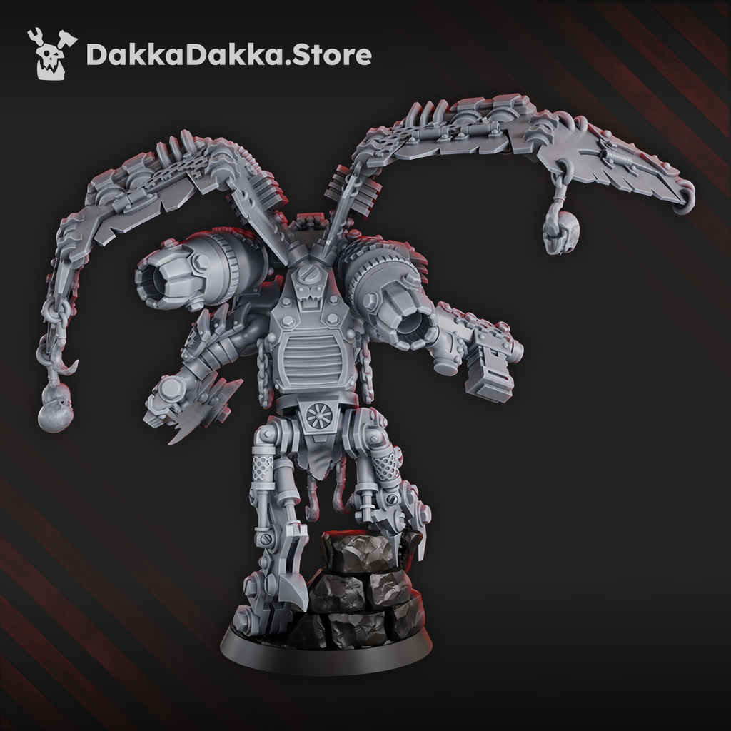 Rear view of Shuzug The Big Boid showing twin engine exhausts, armored mechanical wings, articulated legs, cables, chains, and hanging skulls.
