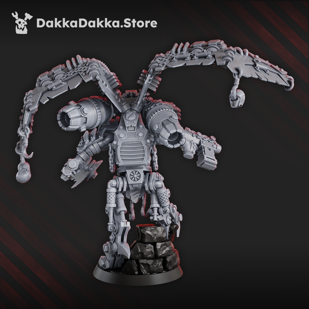 Rear view of Shuzug The Big Boid showing twin engine exhausts, armored mechanical wings, articulated legs, cables, chains, and hanging skulls.
