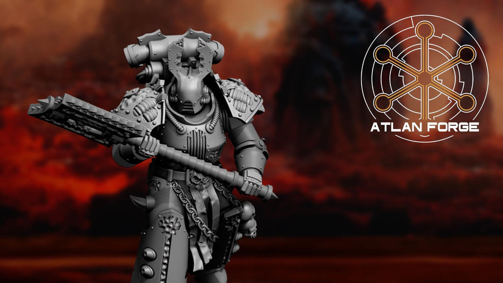 Close-up of a Hades Demented heavy assault infantry soldier in a dynamic striking pose with a massive chainsword.