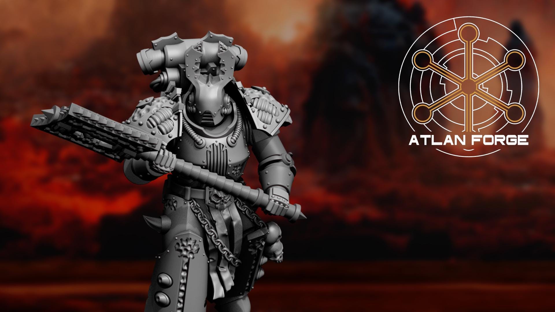 Close-up of a Hades Demented heavy assault infantry soldier in a dynamic striking pose with a massive chainsword.