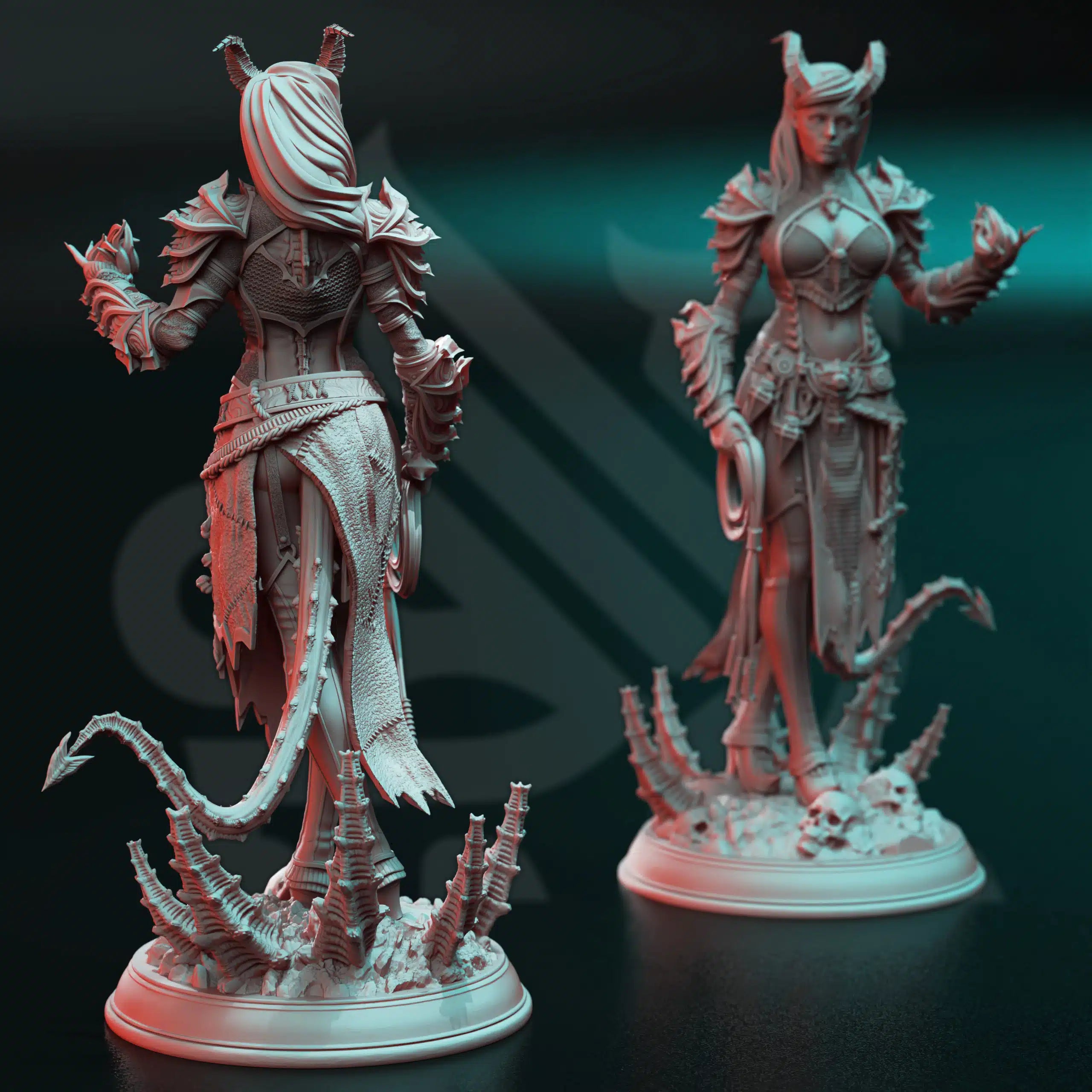 Rear view of Skardi of the Third Warlock of Decay, showing tiefling horns, long hair, armor details, and fantasy RPG base.