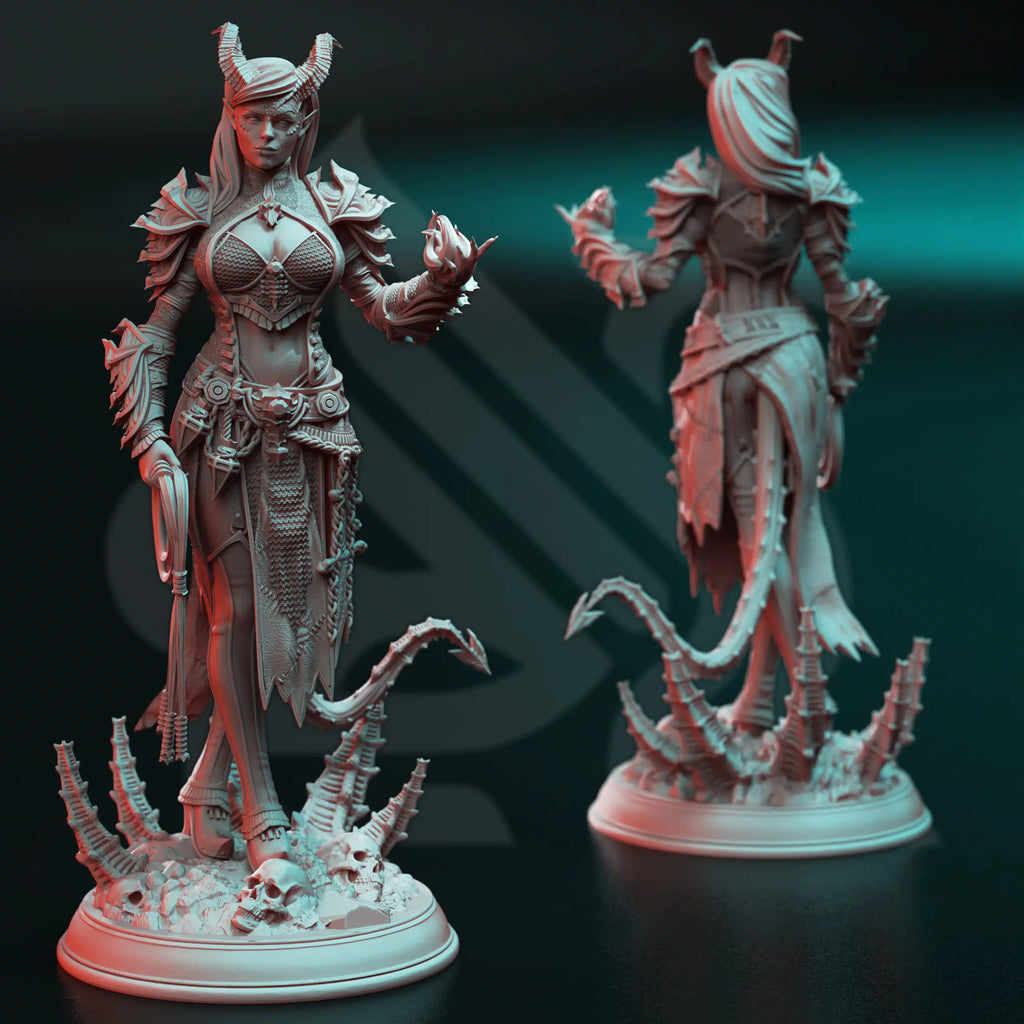 Skardi of the Third Warlock of Decay tiefling warlock miniature by DM Stash, resin printed fantasy tabletop RPG spellcaster model.