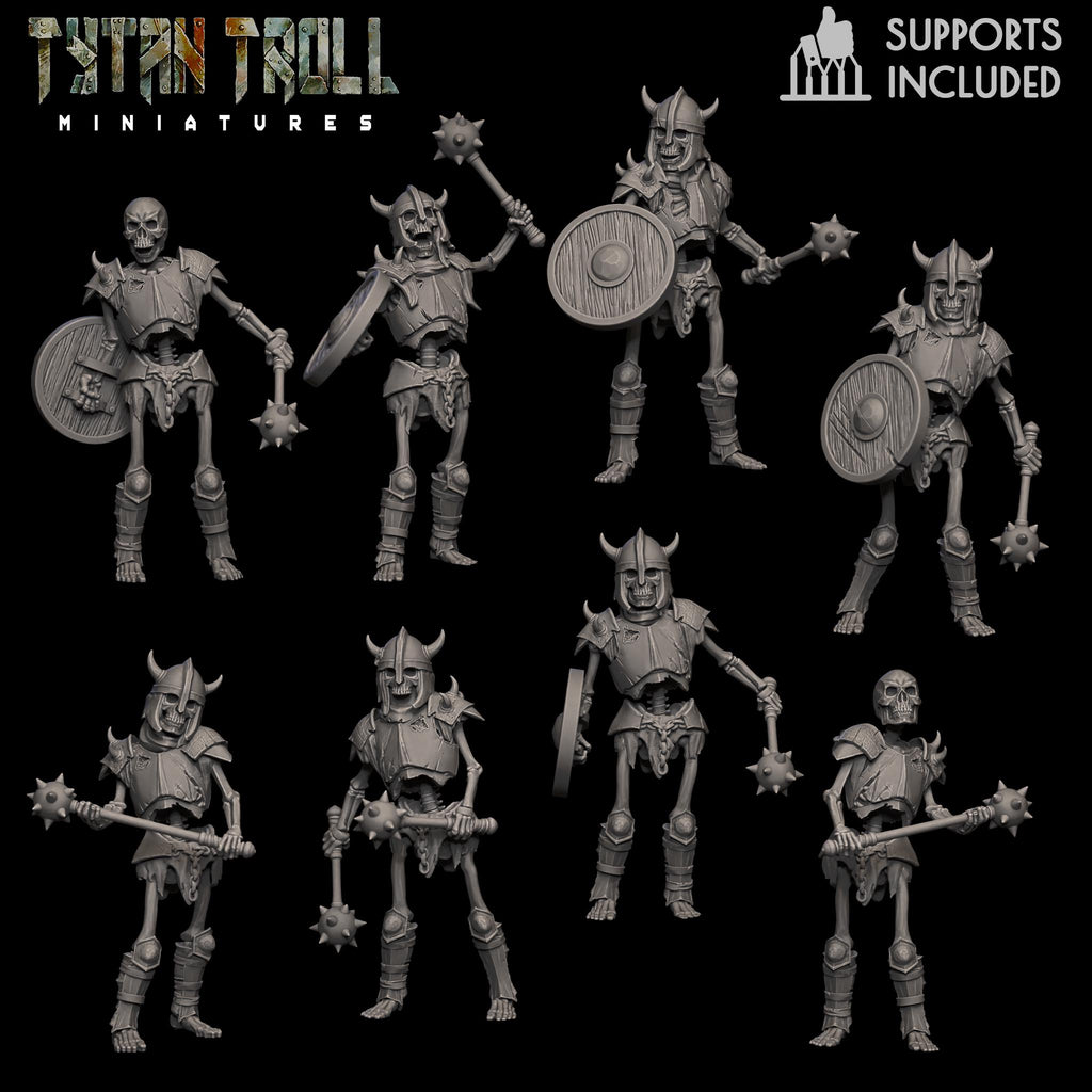 Collection of resin 3D‑printed armored skeleton warrior miniatures by TytanTroll, shown in multiple poses with shields, maces, and detailed armor on a black background.