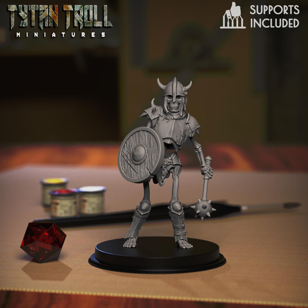 Resin 3D‑printed armored skeleton miniature by TytanTroll holding a round shield and spiked mace.