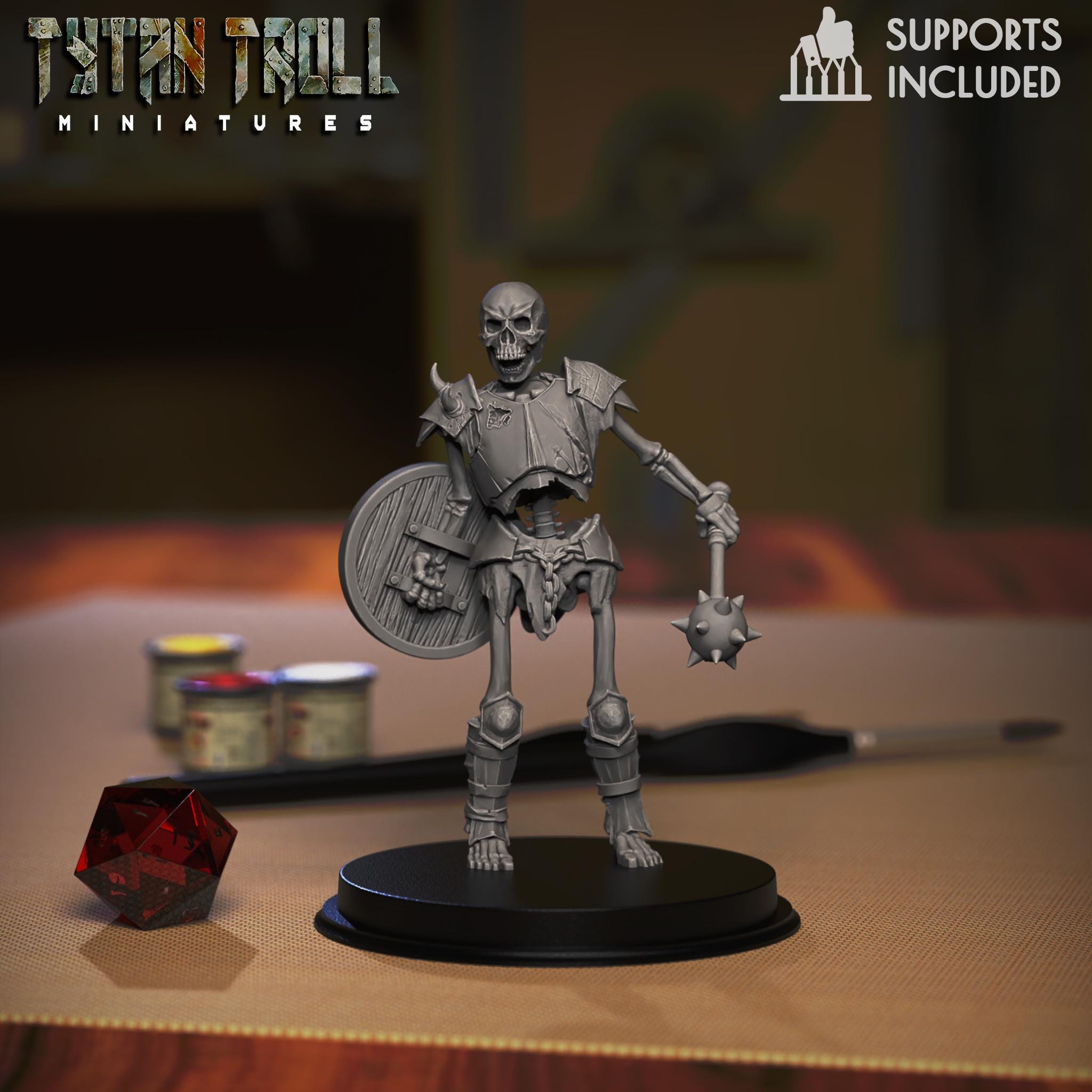 Resin 3D‑printed armored skeleton miniature by TytanTroll holding a round shield and spiked mace