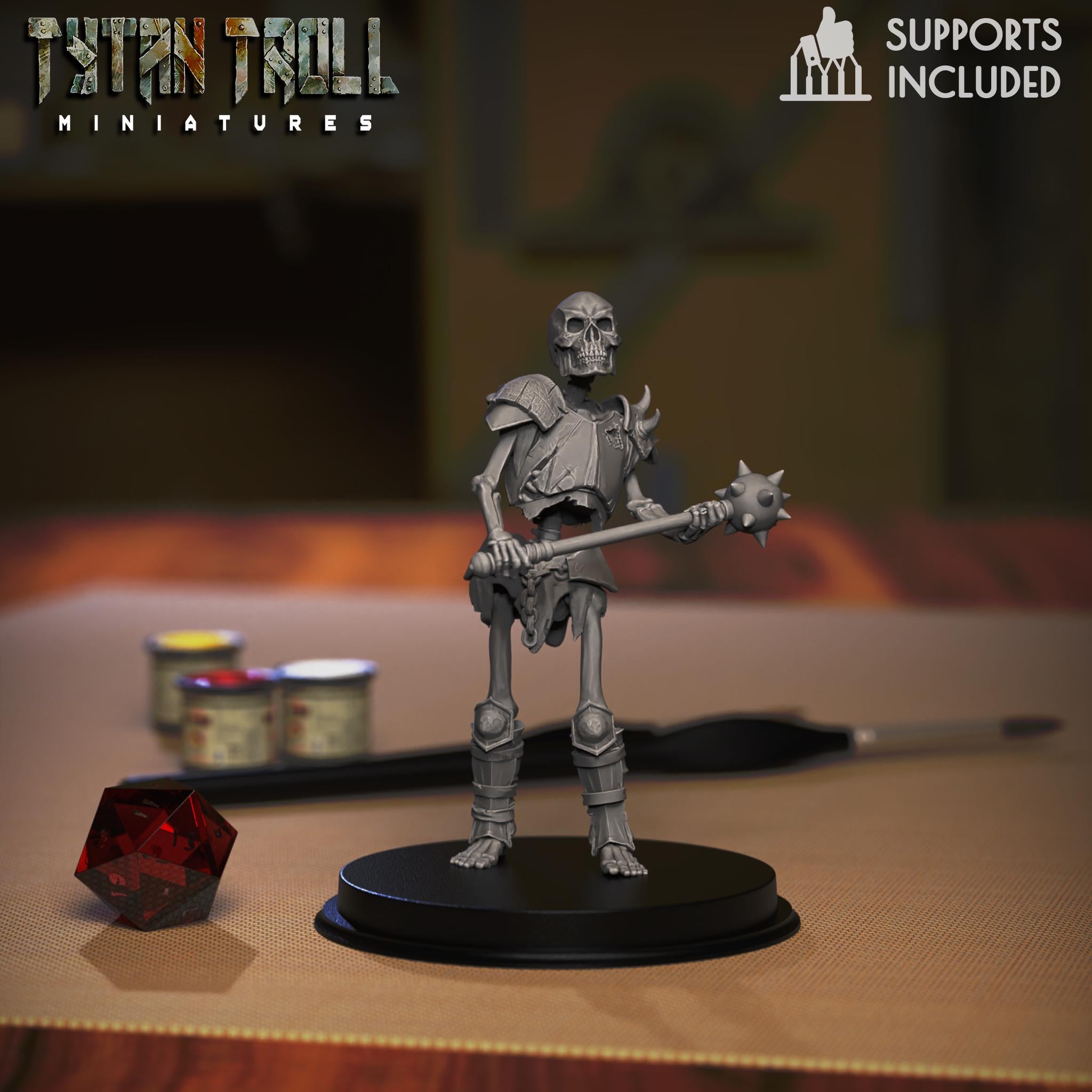 Resin 3D‑printed armored skeleton miniature by TytanTroll holding a spiked mace.