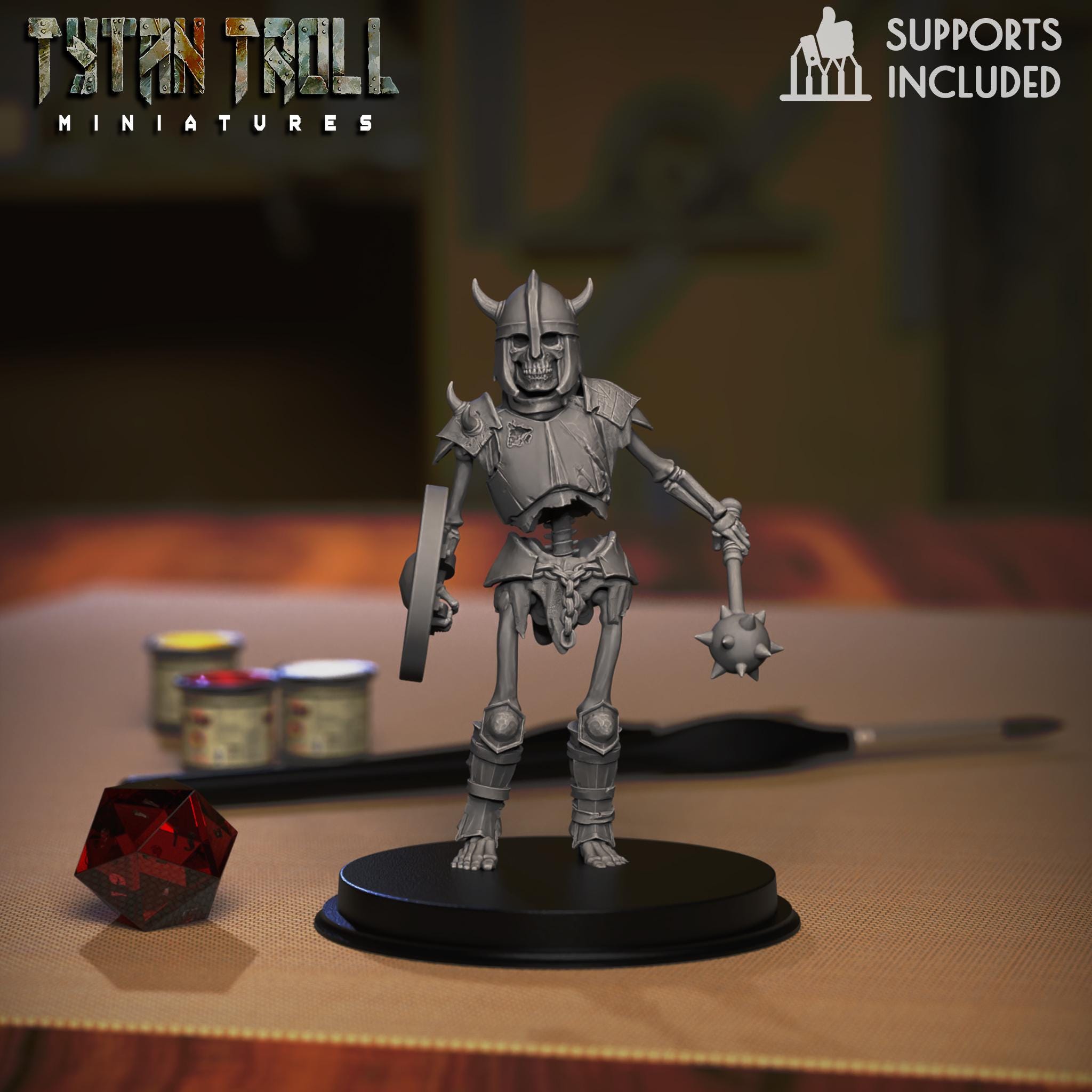 Resin 3D‑printed armored skeleton miniature by TytanTroll holding a round shield and spiked mace