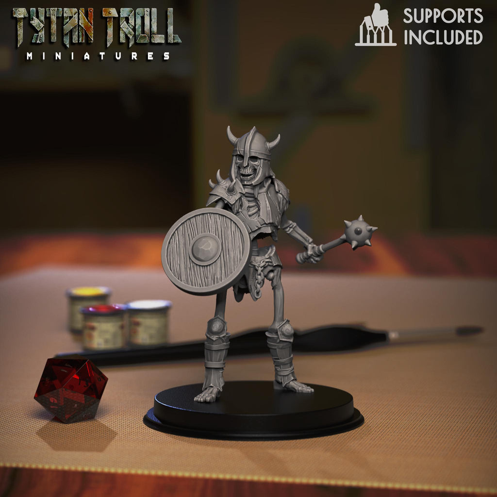 Resin 3D‑printed armored skeleton miniature by TytanTroll holding a round shield and spiked mace