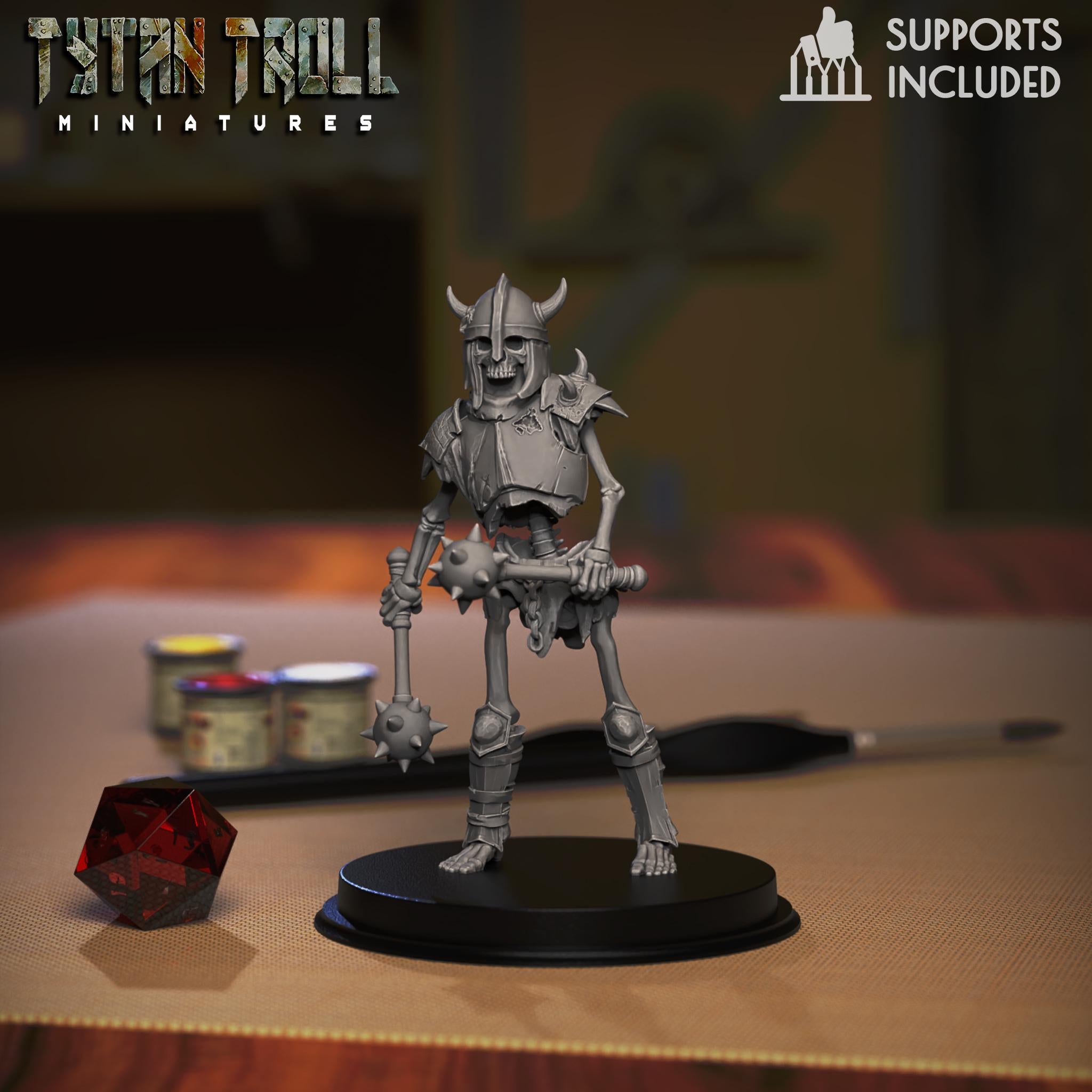Resin 3D‑printed armored skeleton miniature by TytanTroll holding 2 spiked maces