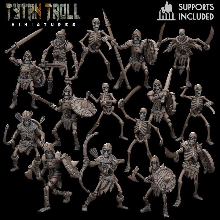 Group shot of multiple resin 3D‑printed Skeleton Horde miniatures by TytanTroll, showing varied undead warriors with spears, swords, shields, bows, and armor on dark background.