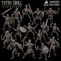 Group shot of multiple resin 3D‑printed Skeleton Horde miniatures by TytanTroll, showing varied undead warriors with spears, swords, shields, bows, and armor on dark background.