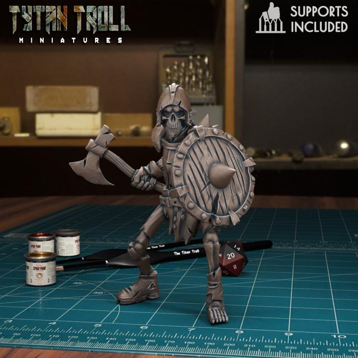 Resin 3D‑printed skeleton warrior miniature by TytanTroll, posed with a axe and round shield.