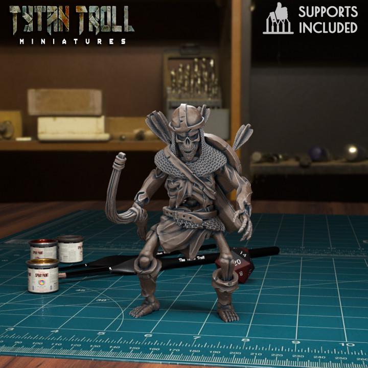 Resin 3D‑printed skeleton warrior miniature by TytanTroll, posed with a weapon and round shield.