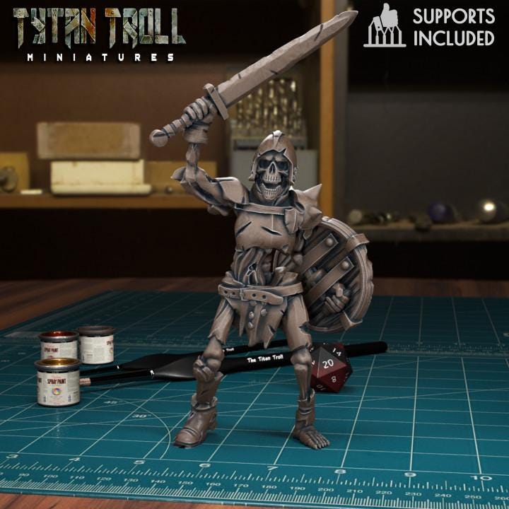 Resin 3D‑printed skeleton warrior miniature by TytanTroll, posed with a sword and round shield.