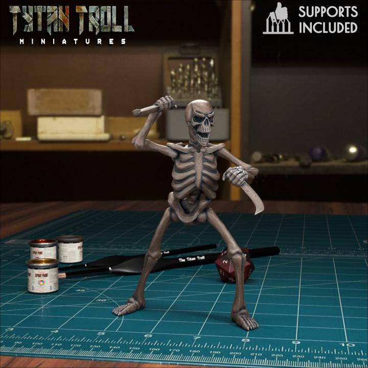 Resin 3D‑printed skeleton warrior miniature by TytanTroll, posed with 2 weapons.