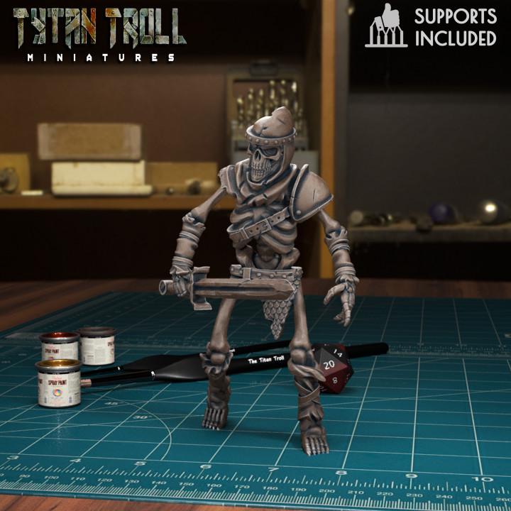 Resin 3D‑printed skeleton warrior miniature by TytanTroll, posed with a sword.