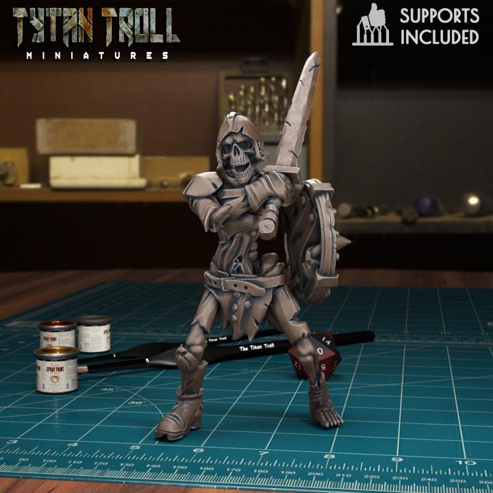 Resin 3D‑printed skeleton warrior miniature by TytanTroll, posed with a sword and round shield.