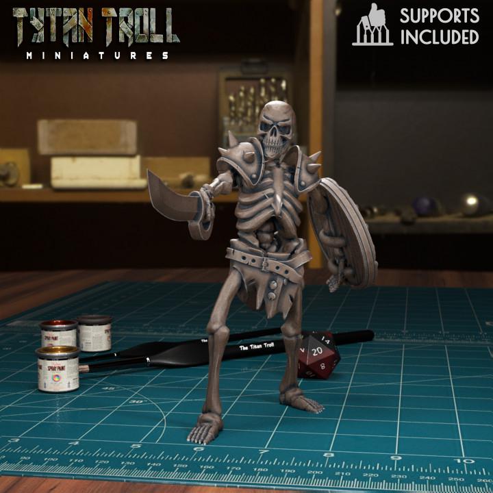 Resin 3D‑printed skeleton warrior miniature by TytanTroll, posed with a sword and round shield.