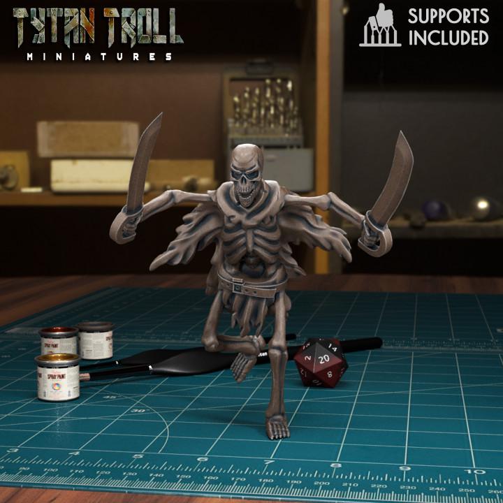 Resin 3D‑printed skeleton warrior miniature by TytanTroll, posed with 2 swords.