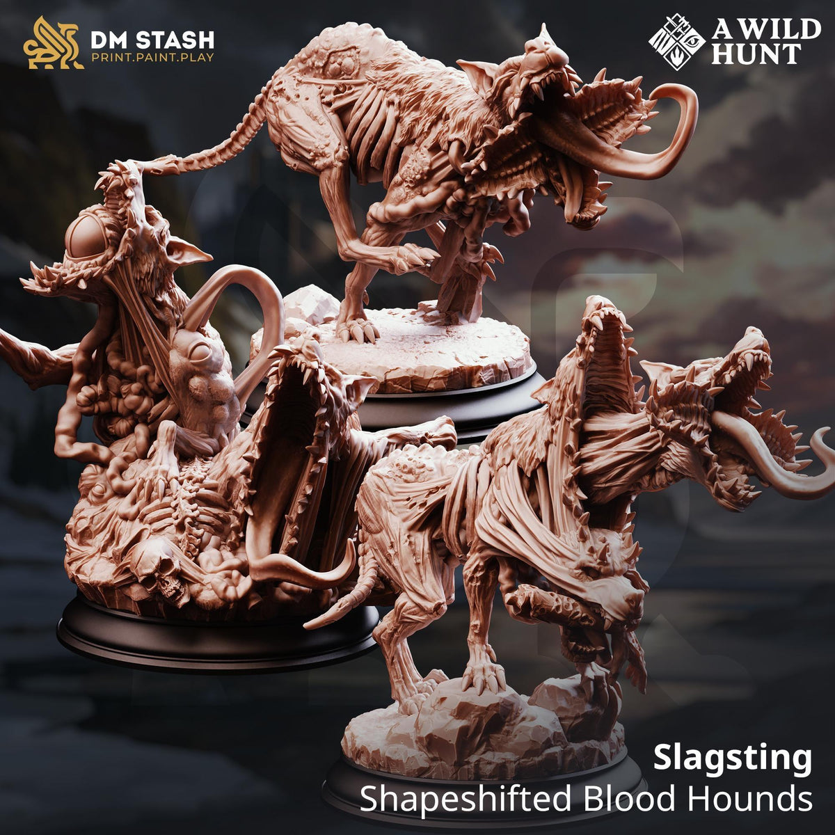 Slagsting Shapeshifted Blood Hounds by DM Stash, three grotesquely transformed canine monster sculpt variations.