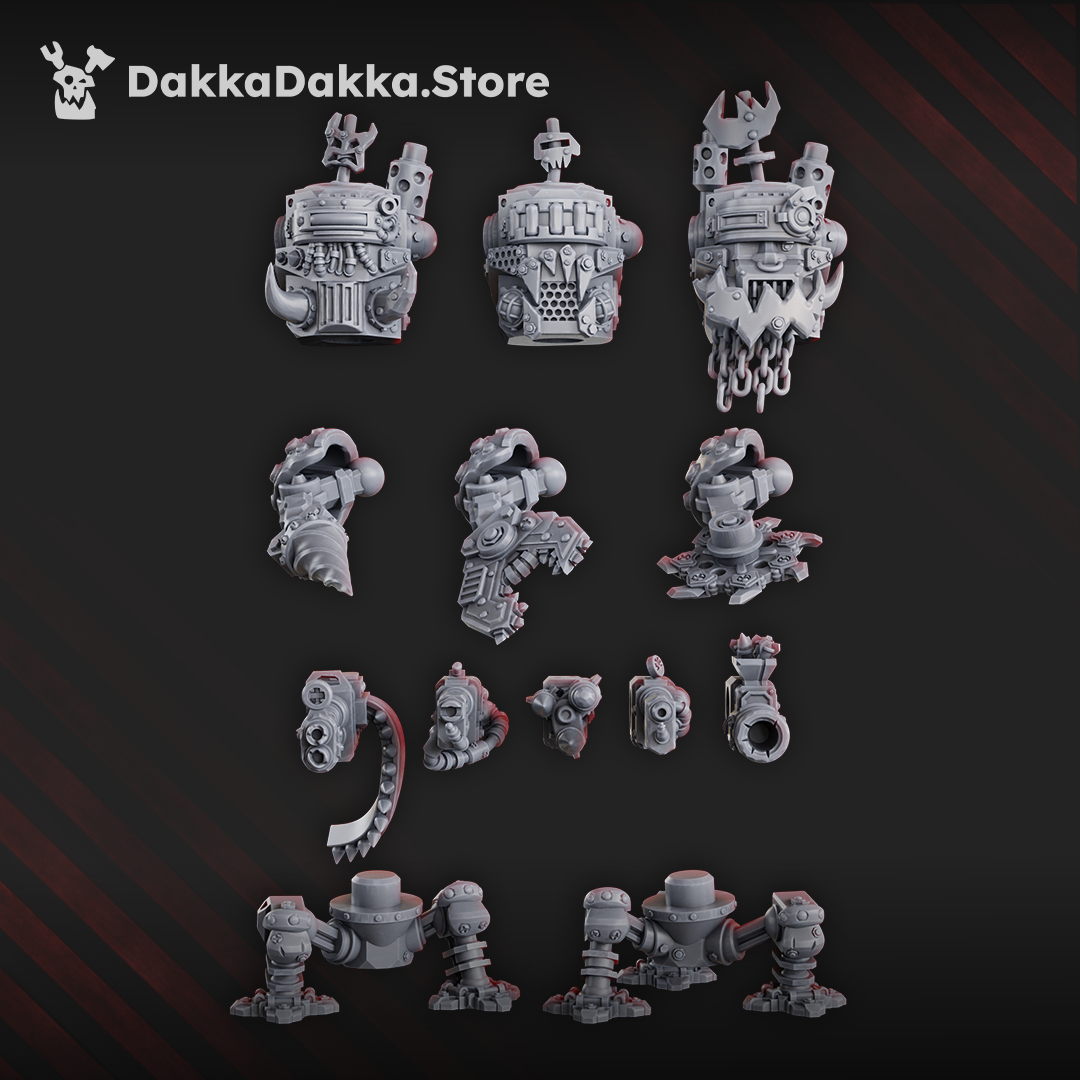 Front view of the 13-part Slasher 'noids build kit by DakkaDakka showing three armored bodies, modular weapons, mechanical arms, and two leg assemblies.
