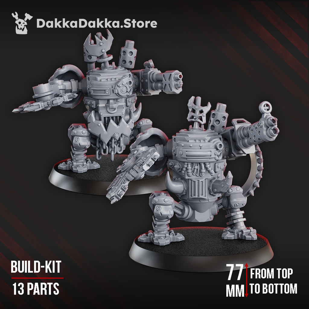 Two assembled Slasher 'noids sci-fi orc walkers by DakkaDakka featuring different armored bodies, mechanical legs, firearms, drills, and rotary blades.
